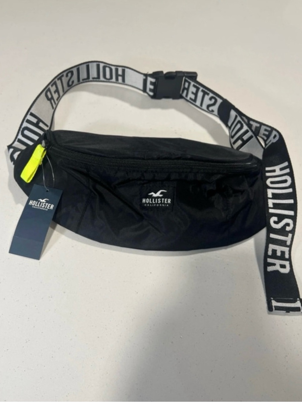 Hollister Black Waist Pack with Branded Strap and Neon Pull